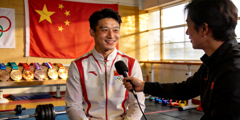 奥运冠军在训练场接受专访，背景是国旗和奖牌，表情坚毅而温暖