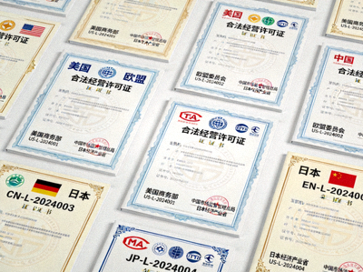多国政府颁发的合法经营许可证书合集，排列整齐，体现合规性