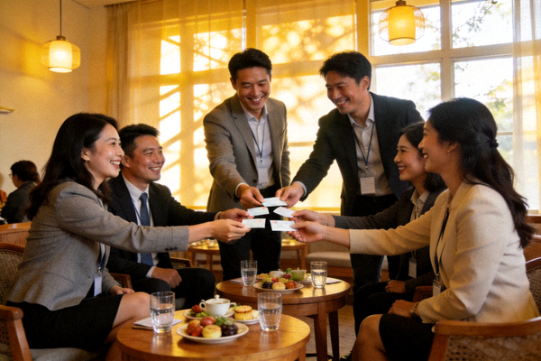 论坛茶歇期间与会嘉宾热烈交流、互换名片的场景