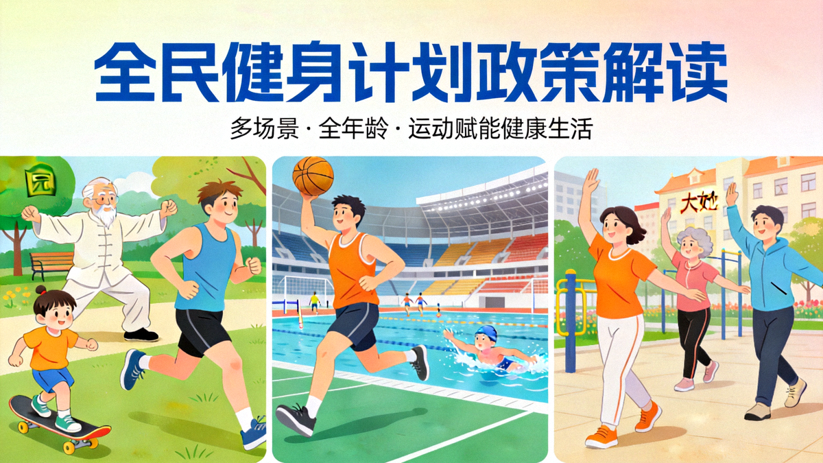 全民健身计划政策解读专题封面图，展示不同年龄人群在公园、体育馆、社区进行多样化体育锻炼的活力场景