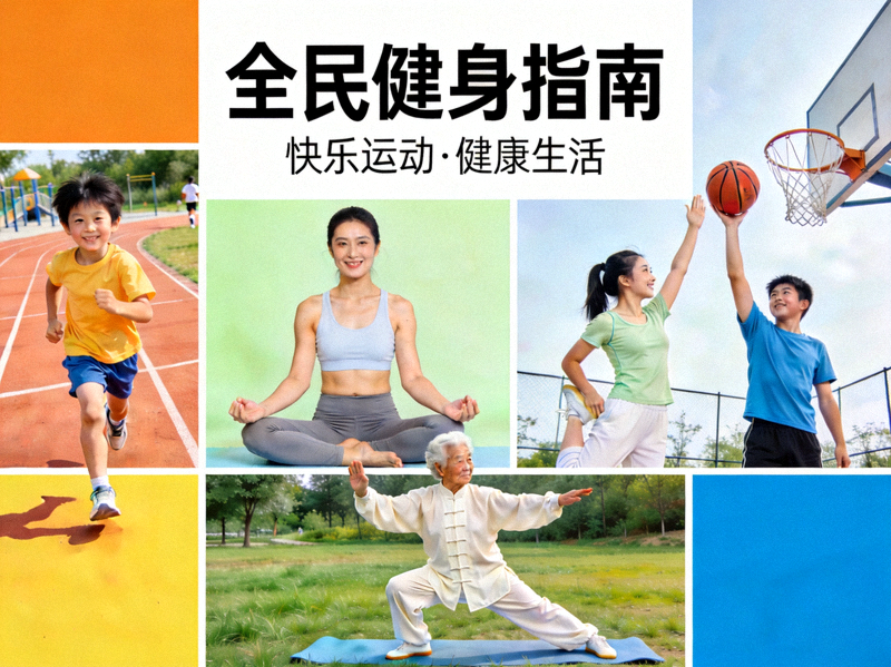 全民健身指南封面设计，展示不同年龄人群快乐运动的场景拼贴