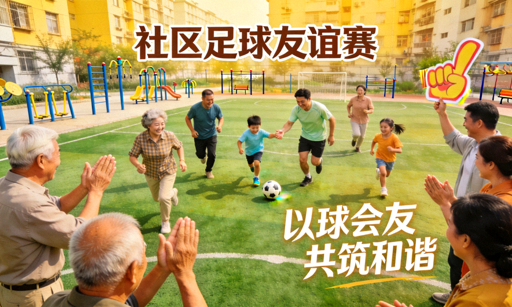 社区足球友谊赛场景，不同年龄的居民在绿茵场上奔跑、传球、欢笑，体现体育促进社区和谐