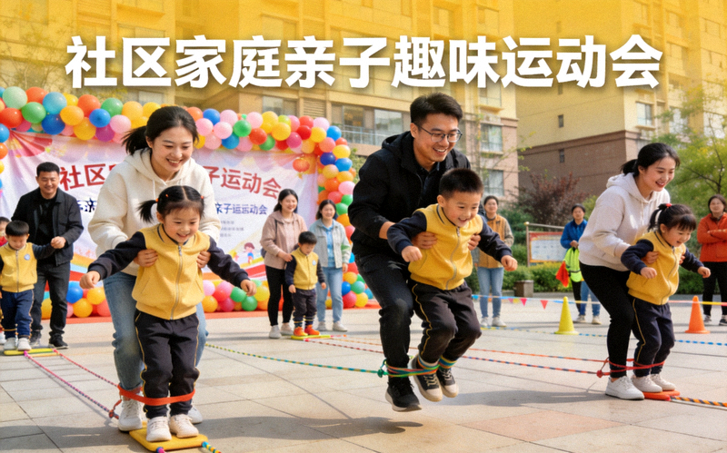 社区组织家庭亲子运动会，家长和孩子共同参与趣味比赛