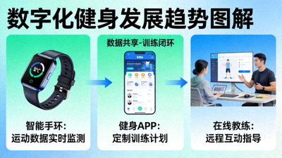 数字化健身发展趋势图解，展示智能手环、健身APP、在线教练等数字健身元素