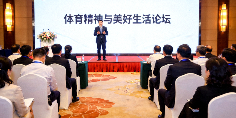 体育精神与美好生活论坛现场，嘉宾在台上进行主题演讲