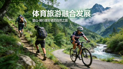 体育旅游融合发展专题图片，展示登山、骑行等体育旅游项目参与者在风景区的活动