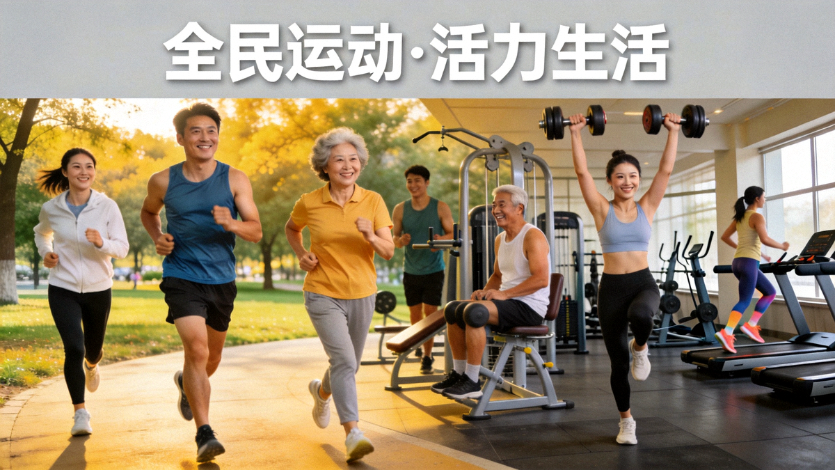 专题报道主图：不同年龄、性别的人们在公园、健身房等场景快乐运动，展现体育带来的活力与笑容
