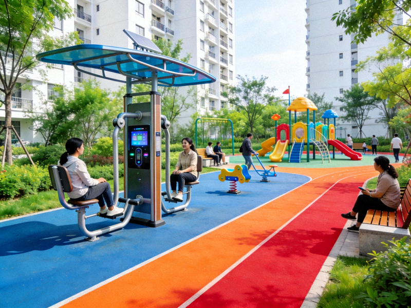 现代化社区健身广场全景，包含智能健身器材、儿童游乐区、塑胶跑道和绿植环绕的休息区，市民正在愉快地使用各种设施