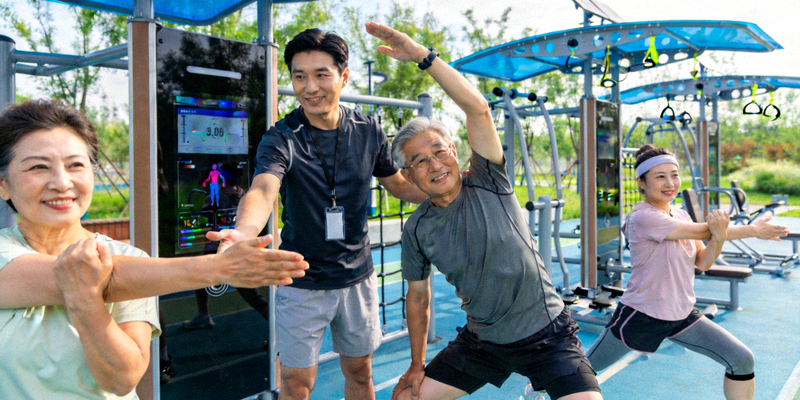 专业教练在智慧体育公园指导社区居民进行科学健身训练