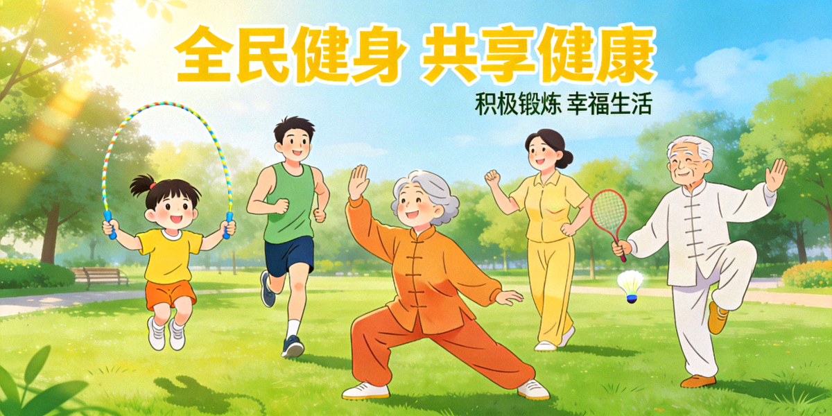 全民健身政策背景图：不同年龄人群在公园进行多样化体育锻炼的欢乐场景