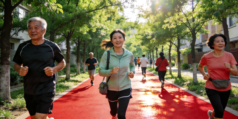 社区居民在崭新的塑胶步道上快走和慢跑，步道两旁绿树成荫