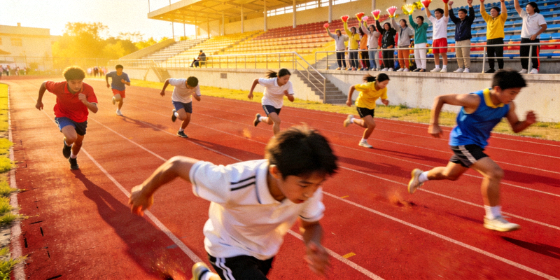 学校运动会田径比赛场景，学生们在跑道上奋力冲刺