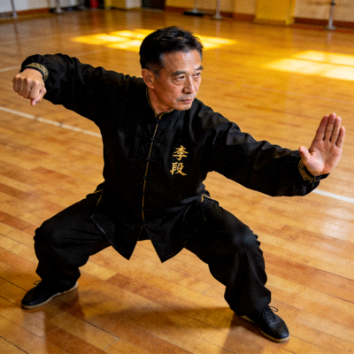 李教练，武术六段，正在示范武术动作，神态专注