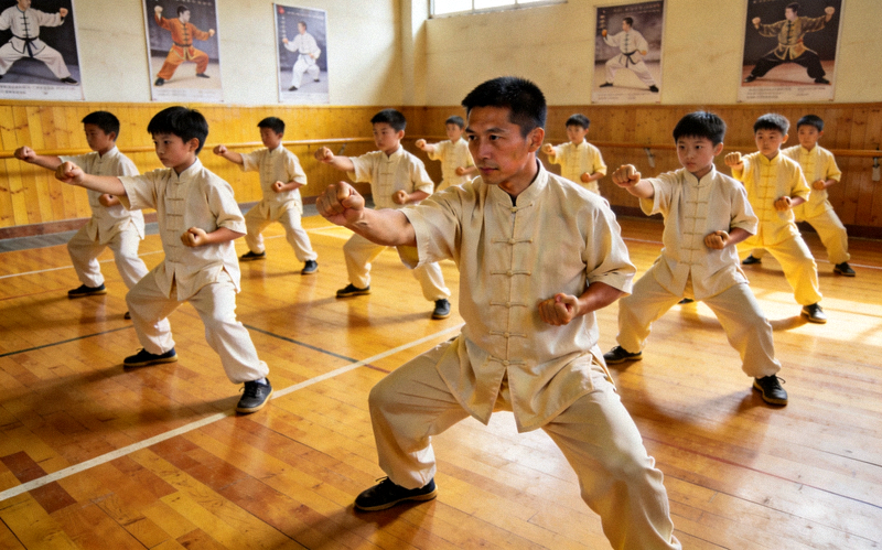 青少年在武术教练带领下练习传统武术套路，动作整齐划一
