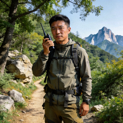 赵教练，户外拓展领队，身着运动装，背景为山林