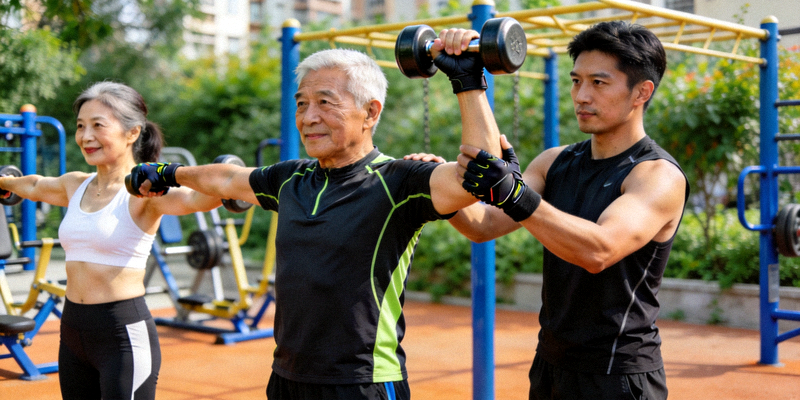 专业教练在社区指导居民进行科学力量训练