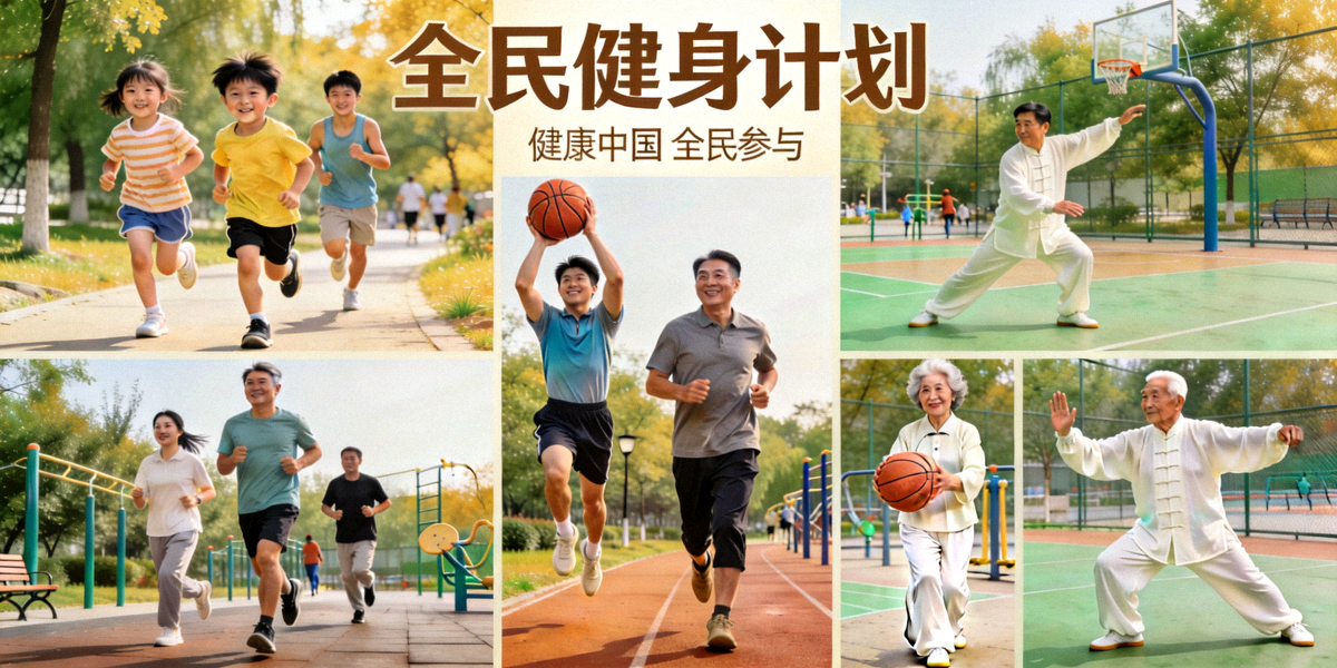 全民健身计划主题图片：不同年龄段的市民在公园、社区健身路径和体育场馆中愉快地进行跑步、太极、篮球等各类体育锻炼的场景
