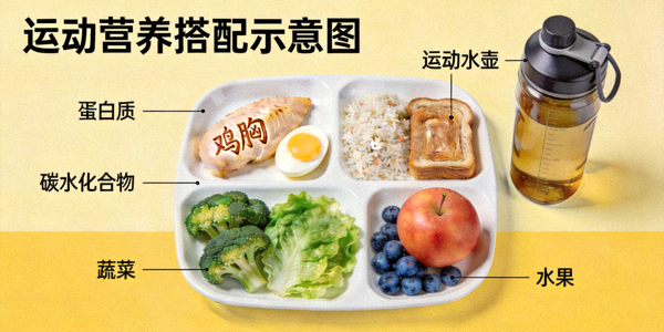 运动营养搭配示意图：餐盘中有均衡的蛋白质、碳水化合物、蔬菜和水果，旁边放着运动水壶