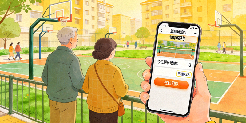 社区居民通过手机APP查看社区篮球场预约情况并进行线上组队