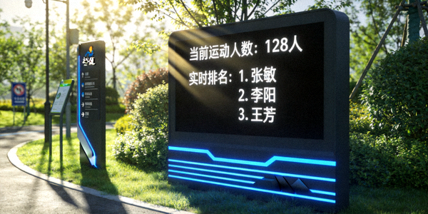 社区智能步道起点的大屏幕，显示当前在步道上运动的人数和排名