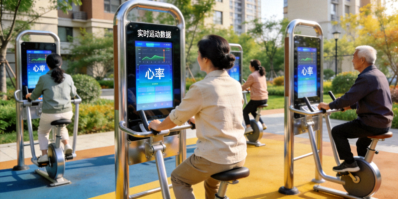 市民在社区智能健身器材上锻炼，屏幕显示实时运动数据和心率