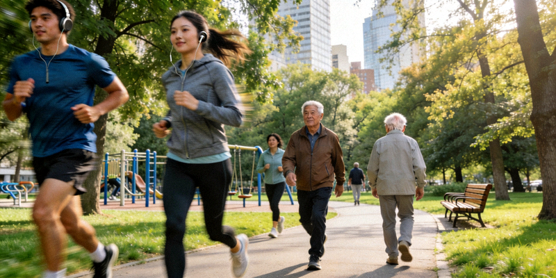 城市公园中不同年龄的人群在进行跑步、健走等户外有氧运动