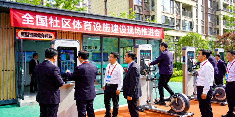全国社区体育设施建设现场推进会，与会代表参观新型智能健身驿站