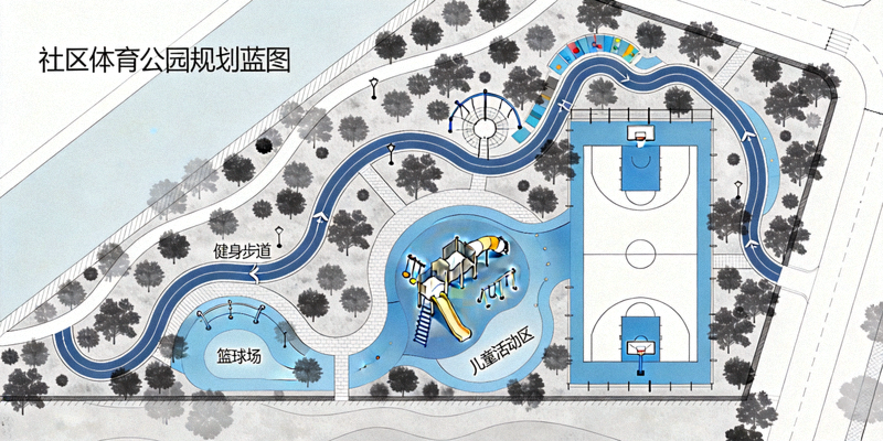 社区体育公园规划蓝图展示，包含健身步道、篮球场和儿童活动区