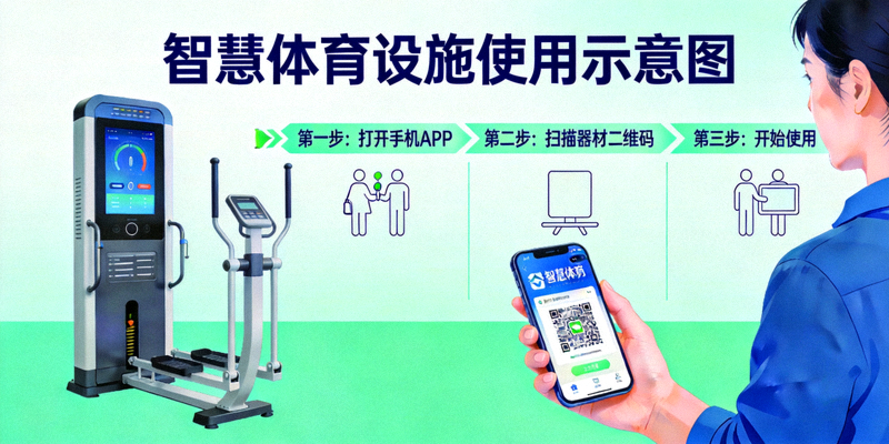 智慧体育设施示意图，市民使用手机APP扫码使用智能健身器材