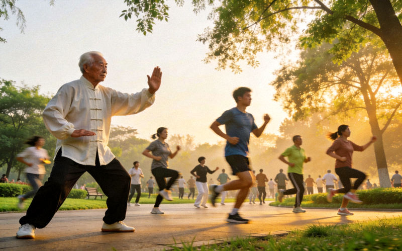 清晨公园里众多市民进行集体晨练的场景，包括太极拳、跑步、健身操等多种活动