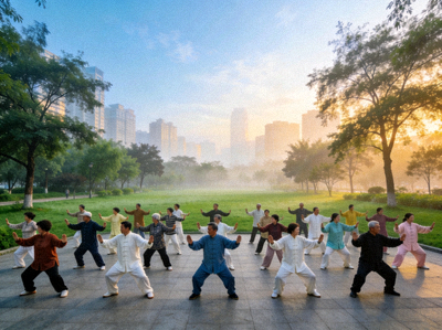 清晨众多市民在城市公园集体练习太极拳的和谐场景