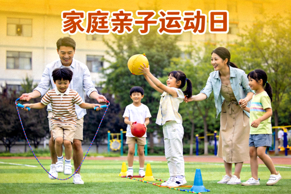 家庭亲子运动日活动，父母与孩子一起参与趣味体育游戏