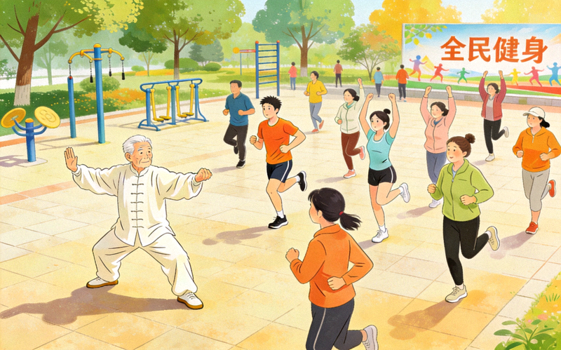全民健身政策背景图：众多市民在公园广场上进行晨练，包括太极拳、跑步、健身操等多样化活动