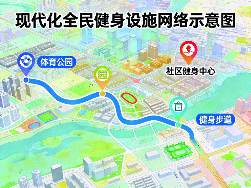 现代化全民健身设施网络示意图：展示体育公园、社区健身中心、健身步道等多样化场地