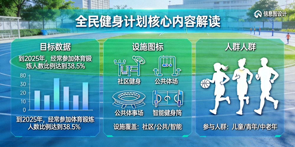解读全民健身计划核心内容的示意图，包含目标数据、设施图标和人群剪影