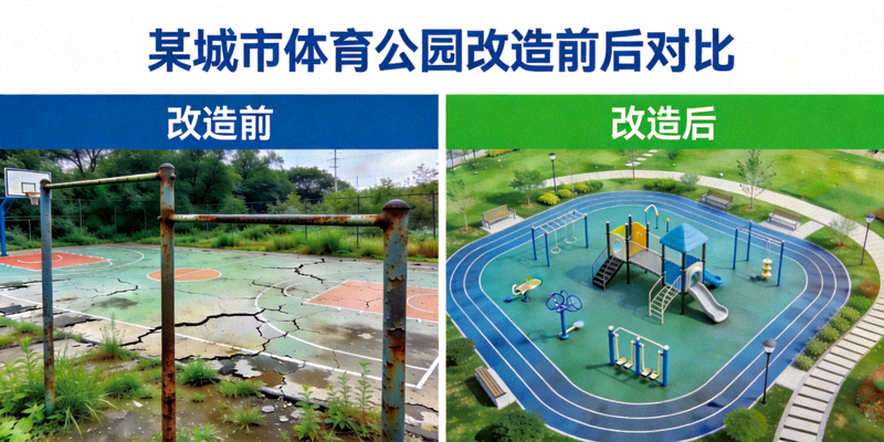 某城市体育公园改造前后对比图，展示旧场地焕新成为多功能健身空间
