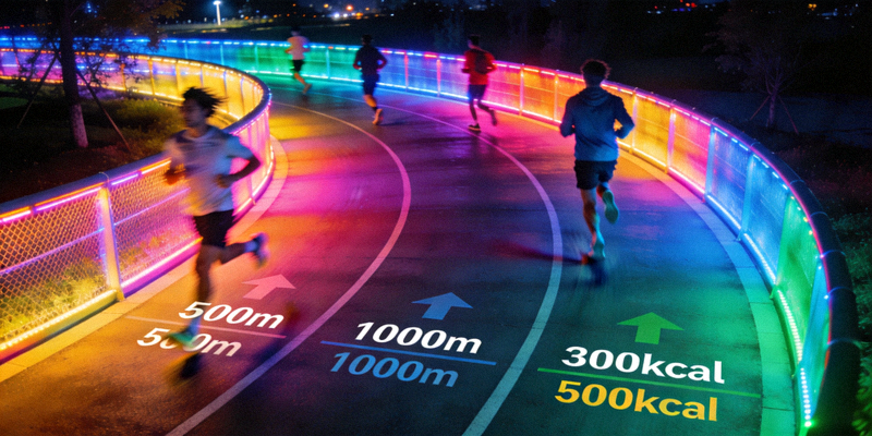 全彩LED夜间照明环形跑道，跑者在灯光下夜跑，地面有距离和卡路里消耗标识
