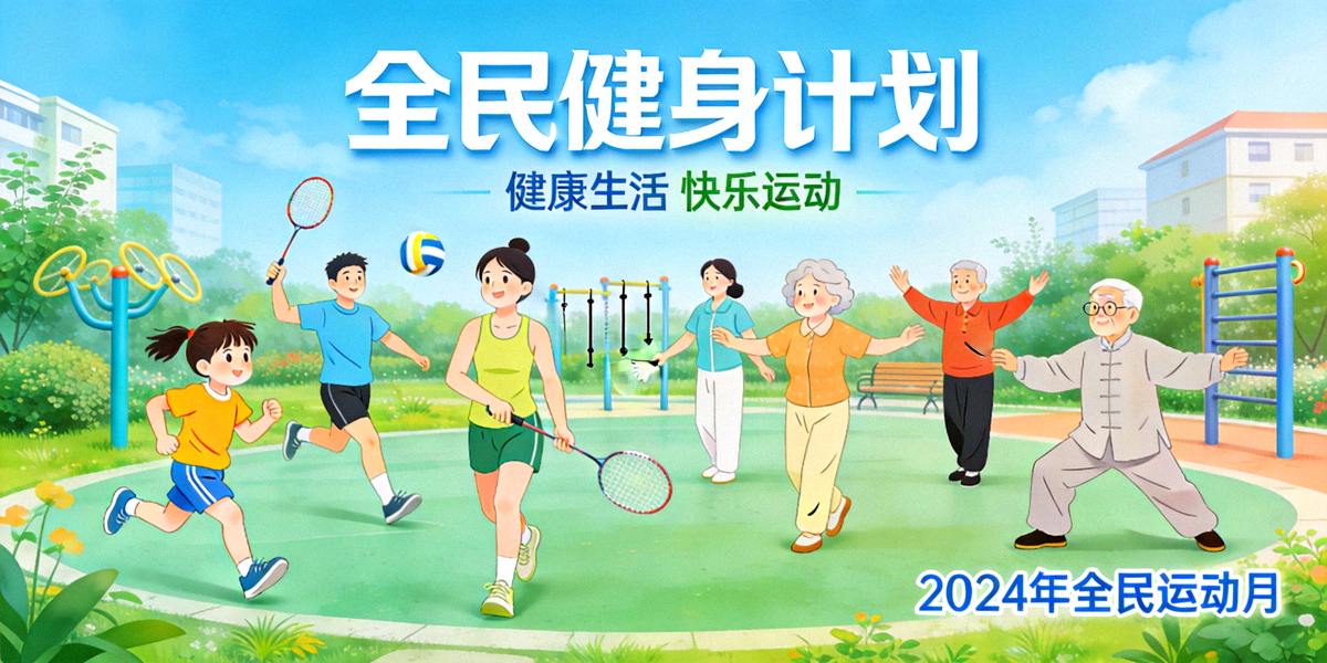全民健身计划主题横幅图，展示不同年龄人群在公园、社区进行多样化体育锻炼的欢乐场景