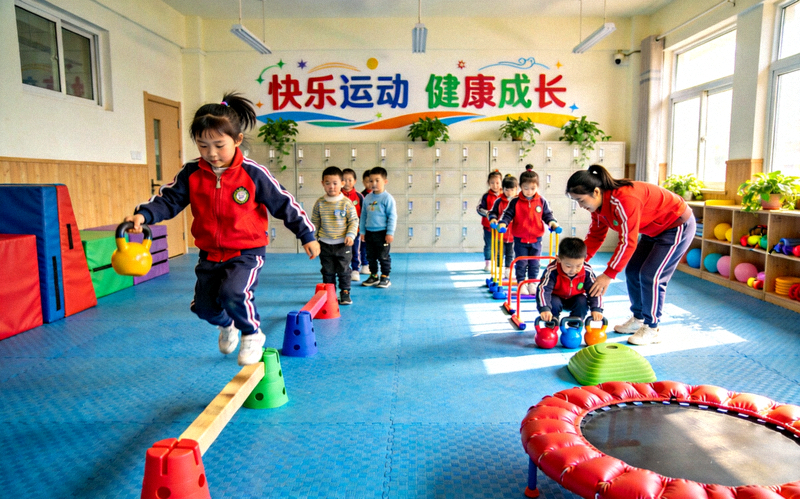 小学室内体适能教室，孩子们在老师指导下使用安全有趣的器械锻炼