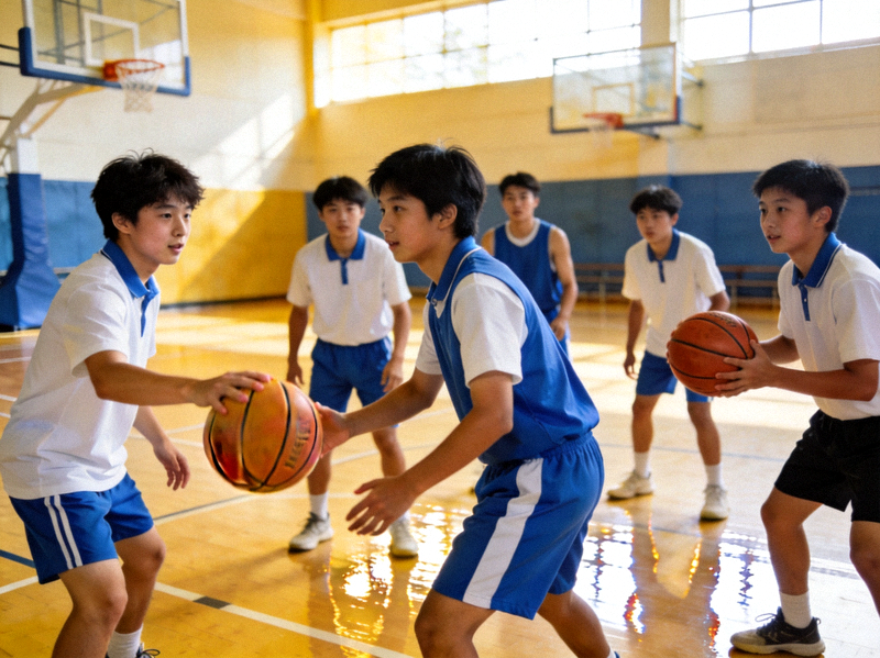 学生们在篮球场上进行团队比赛，学习合作与沟通