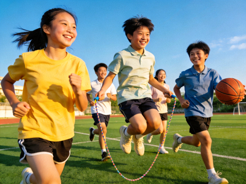 学生在体育活动中释放压力，脸上洋溢着快乐的笑容