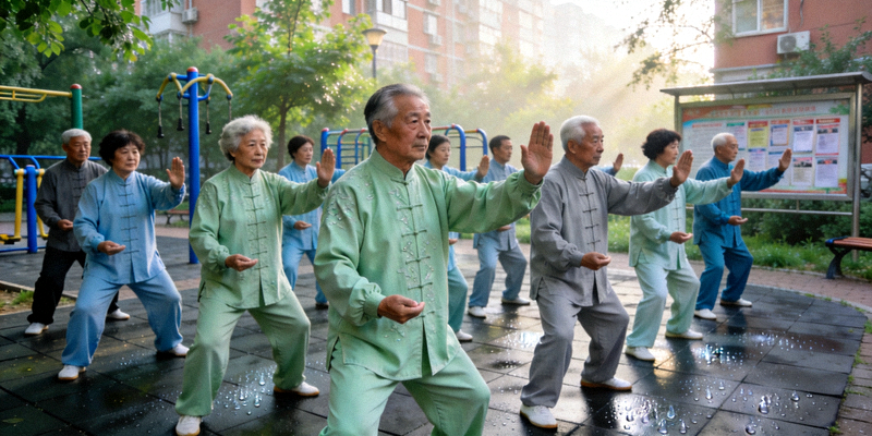 北京市朝阳区某社区清晨太极拳集体锻炼场景，老年人在公园整齐练习