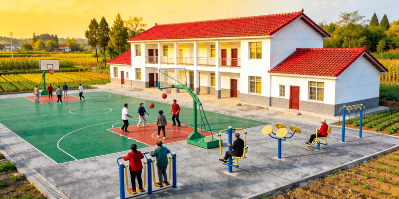成都市某乡村新建的篮球场和健身广场，村民在锻炼