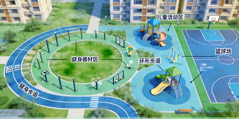 城市社区健身路径与公共体育设施规划示意图