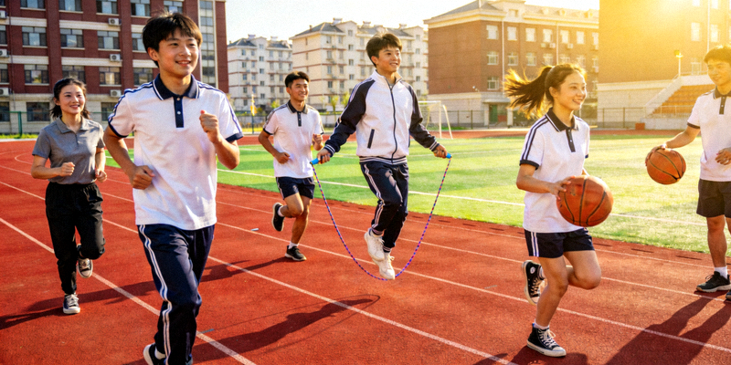 青少年在学校操场进行体育锻炼，阳光体育活动场景