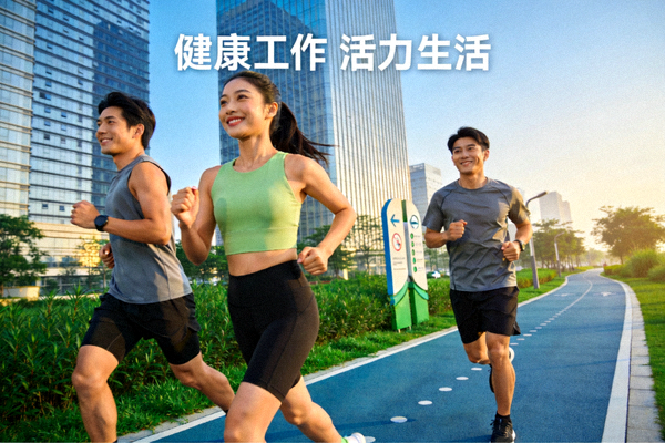 上班族在写字楼附近的健身步道上晨跑，倡导健康工作生活方式