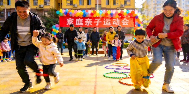 社区组织的家庭亲子运动会场景，家长和孩子一起参与趣味运动项目，气氛欢乐