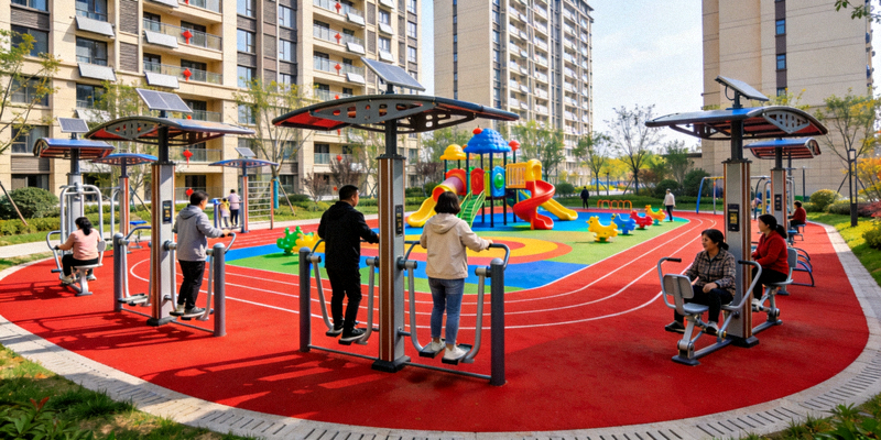 现代化社区健身广场全景，包含多功能健身器材、塑胶跑道和儿童游乐区，居民正在锻炼