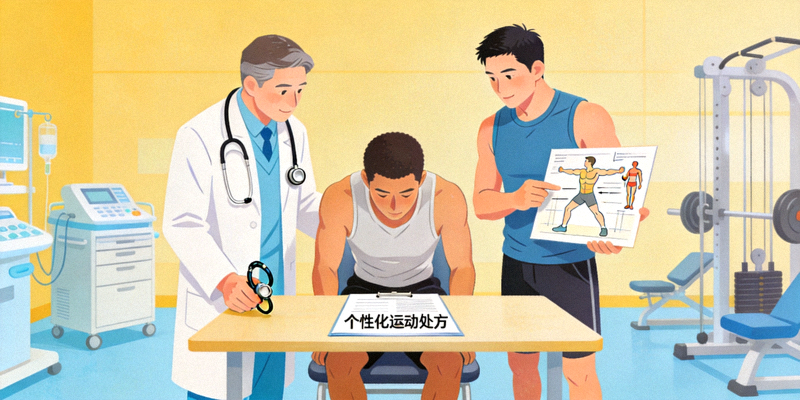 医生与健身教练共同为患者制定个性化运动处方，展示体医融合协作场景