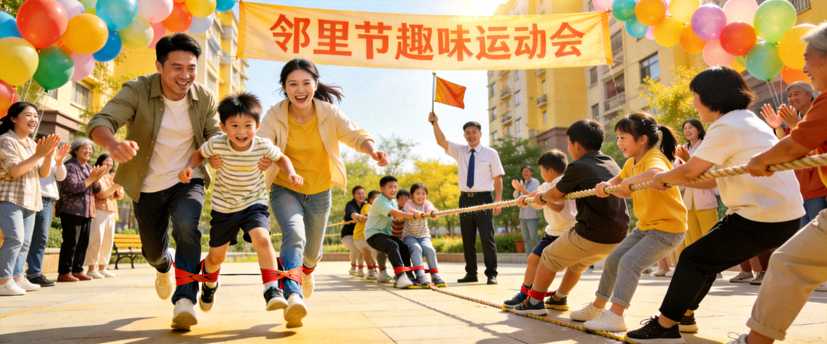 社区邻里节趣味运动会热闹场景，不同家庭正在参与两人三足和拔河比赛